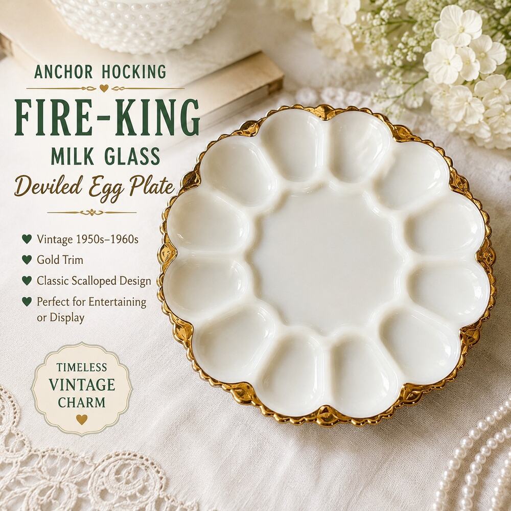 Anchor Hocking Fire-King Milk Glass Deviled Egg Plate Gold Trim